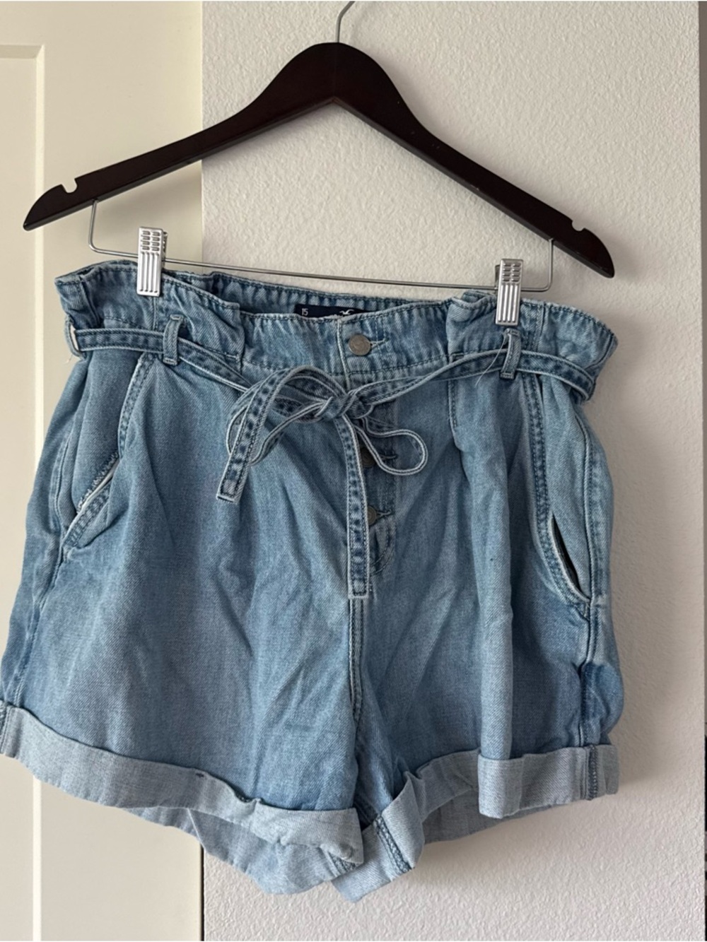 Hollister Light Blue Paperbag Waist Denim Shorts with Tie